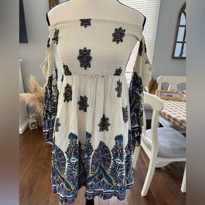 Entro Off-Shoulder White Dress with Blue and Pink Accents